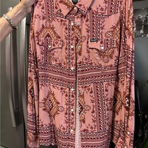 Wrangler Women's Pink and Brown Patterned Button Down Shirt